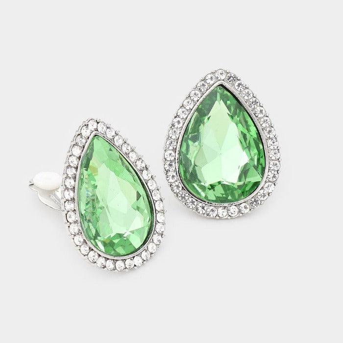Teardrop Green Crystal Rhinestone Clip On Earrings
