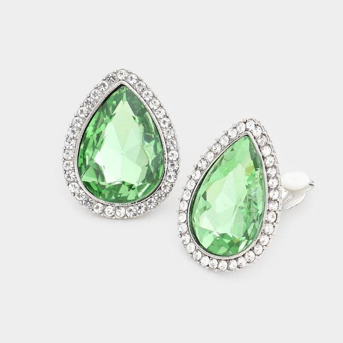 Teardrop Green Crystal Rhinestone Clip On Earrings