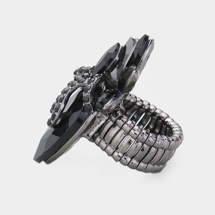 Teardrop Jet Black Crystal Accented Cluster Stretch Ring