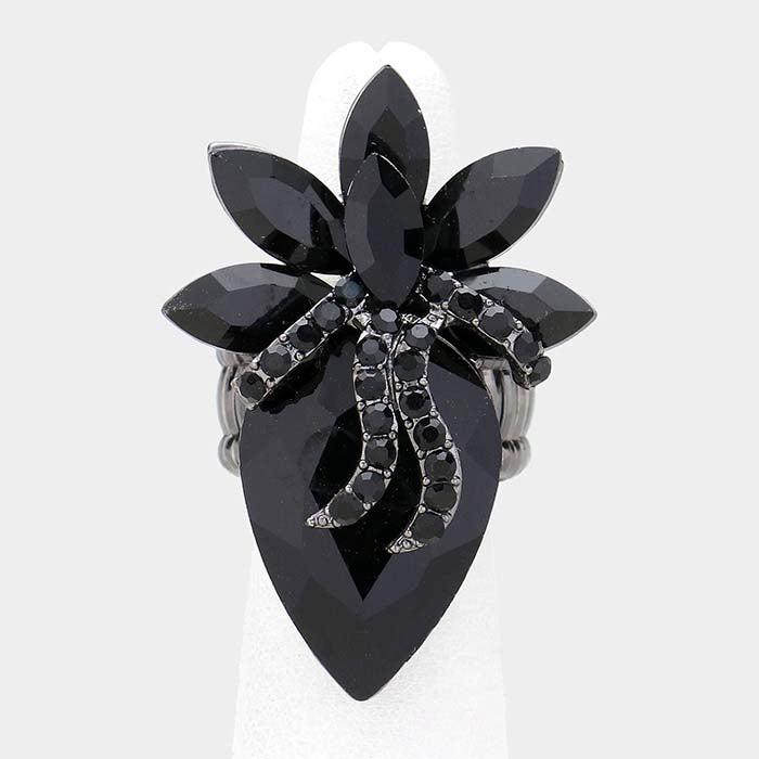 Teardrop Jet Black Crystal Accented Cluster Stretch Ring