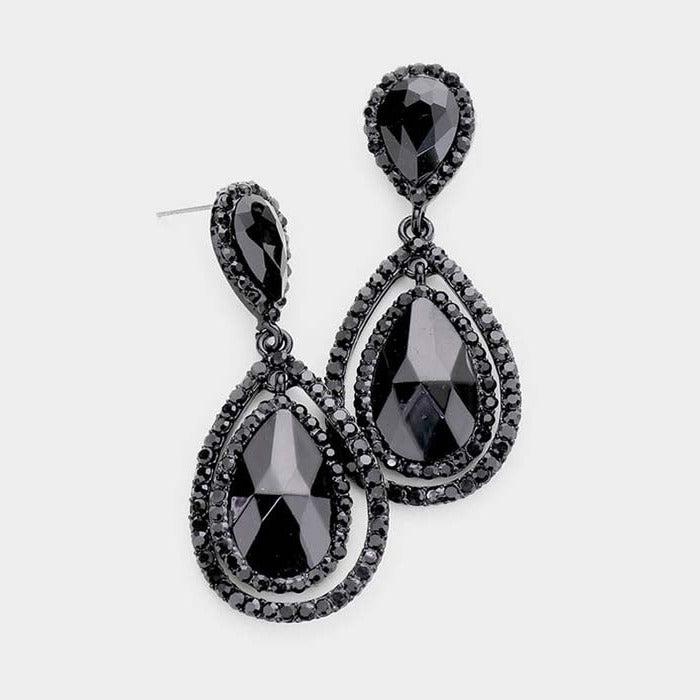 Teardrop Jet Black Crystal Dangle Evening Earrings