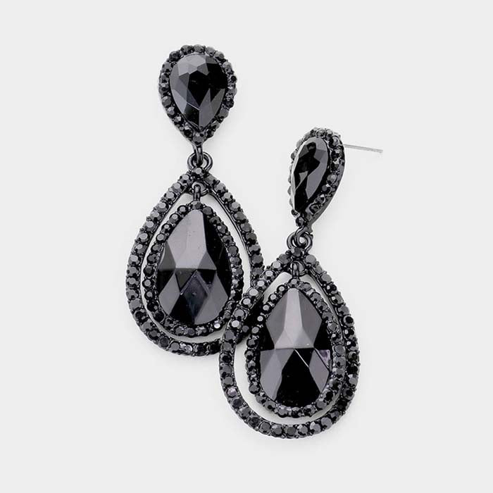 Teardrop Jet Black Crystal Dangle Evening Earrings