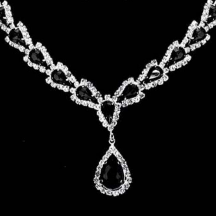 Teardrop Jet Black Stone Accented Rhinestone Silver Necklace Set