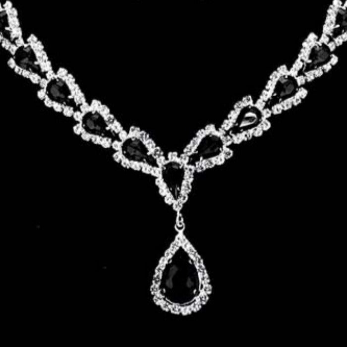 Teardrop Jet Black Stone Accented Rhinestone Silver Necklace Set