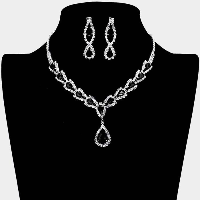 Teardrop Jet Black Stone Accented Rhinestone Silver Necklace Set