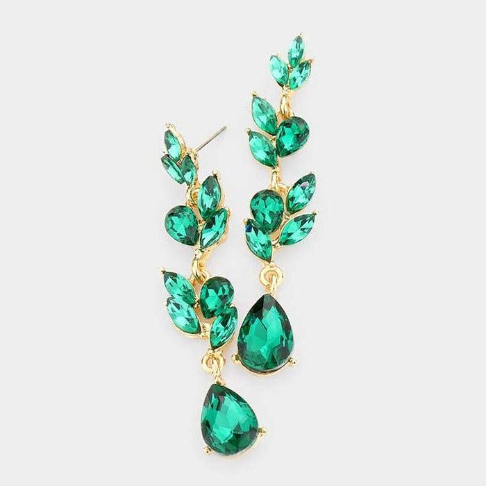 Teardrop Marquise Emerald Green Crystal Dangle Evening Earrings