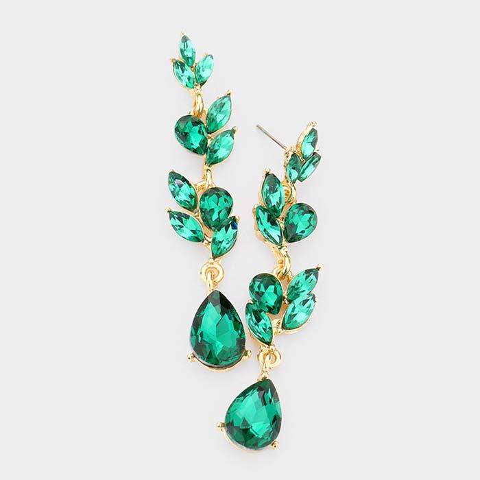 Teardrop Marquise Emerald Green Crystal Dangle Evening Earrings