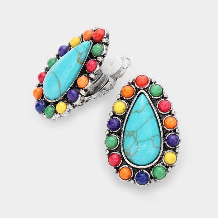 Teardrop Multi Colored Natural Stone Clip on Earrings by tipi