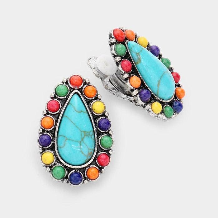 Teardrop Multi Colored Natural Stone Clip on Earrings by tipi