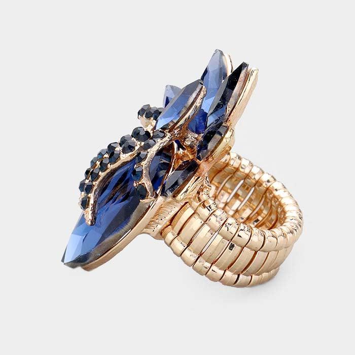 Teardrop Navy Blue Crystal Accented Cluster Stretch Ring