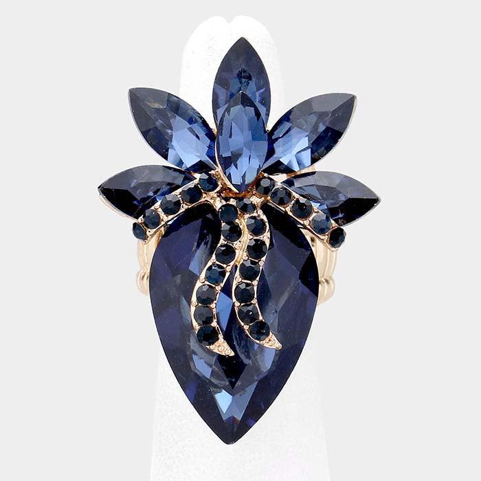 Teardrop Navy Blue Crystal Accented Cluster Stretch Ring