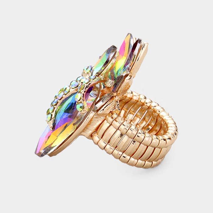 Teardrop Oil Spill Crystal Accented Cluster Stretch Ring