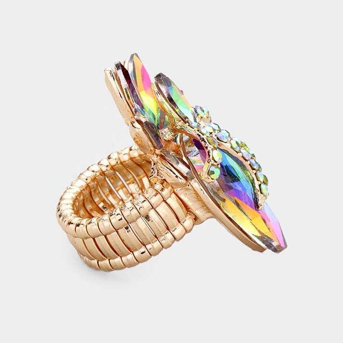 Teardrop Oil Spill Crystal Accented Cluster Stretch Ring