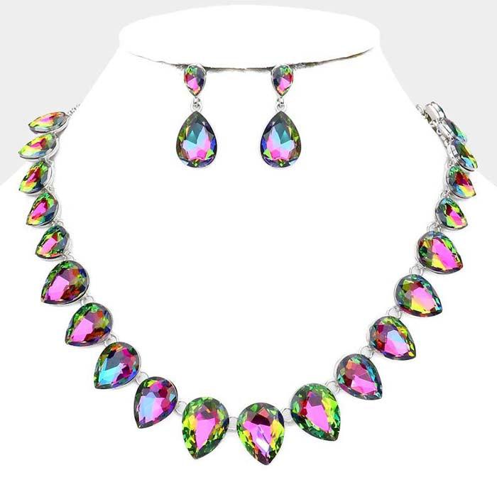 Teardrop Oil Spill Crystal Silver Evening Necklace Set-Necklace-SPARKLE ARMAND