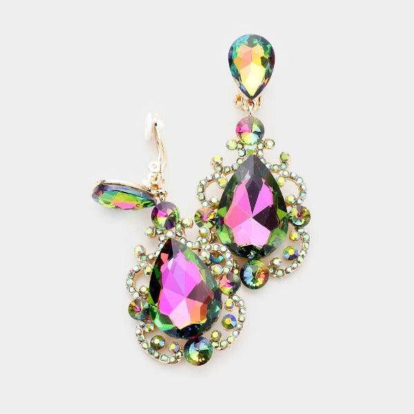 Teardrop Oil Spill Dangle Evening Clip On Earrings