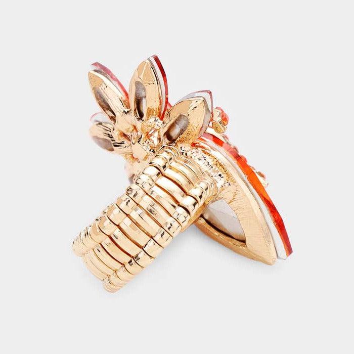 Teardrop Orange Crystal Accented Cluster Stretch Ring