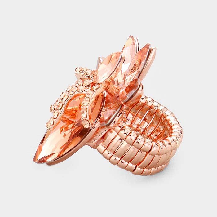 Teardrop Peach Crystal Accented Cluster Rose Gold Stretch Ring