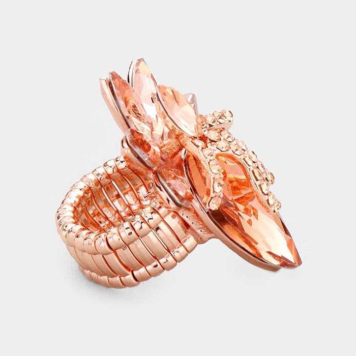 Teardrop Peach Crystal Accented Cluster Rose Gold Stretch Ring