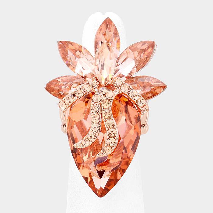 Teardrop Peach Crystal Accented Cluster Rose Gold Stretch Ring