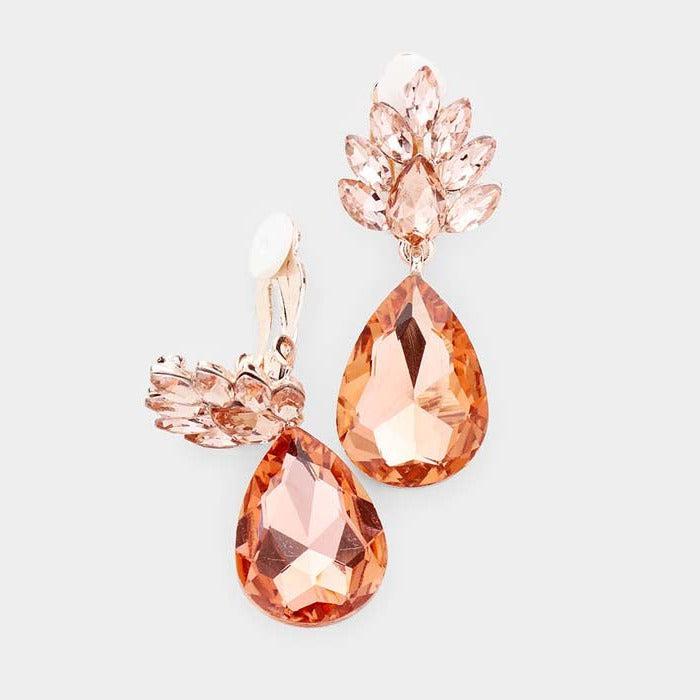 Teardrop Peach Crystal Evening Clip On Earrings