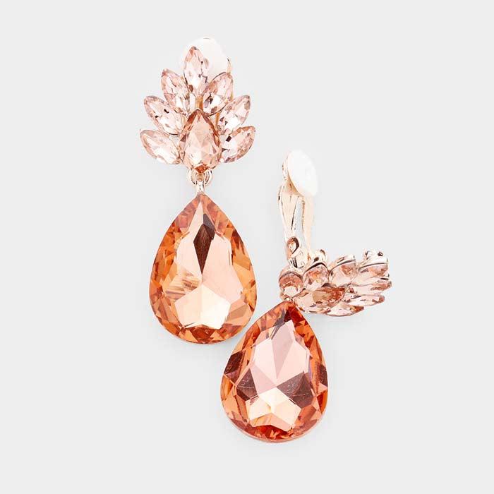 Teardrop Peach Crystal Evening Clip On Earrings