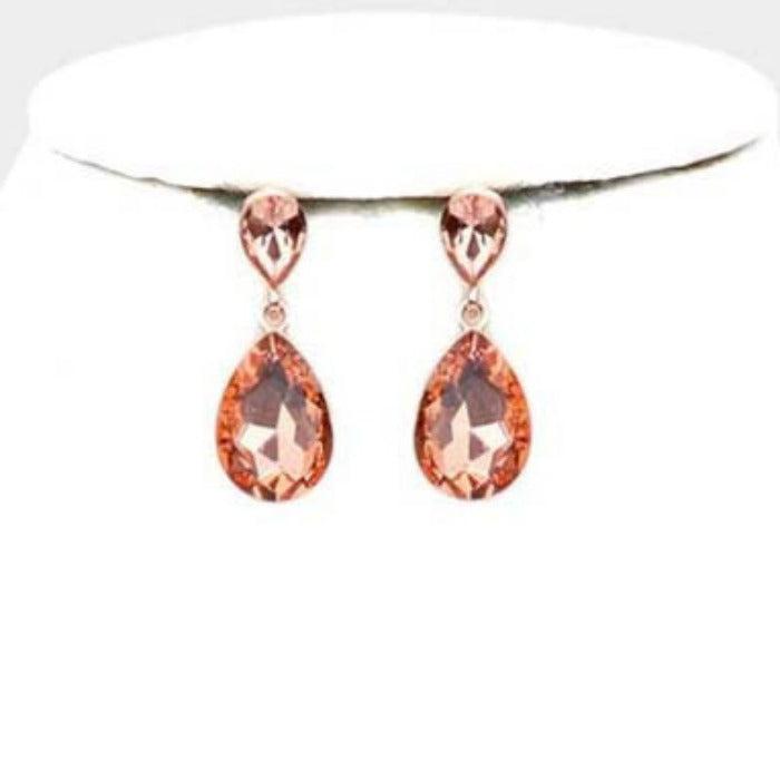 Teardrop Peach Crystal Gold Evening Necklace Set