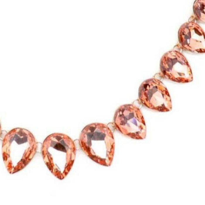 Teardrop Peach Crystal Gold Evening Necklace Set