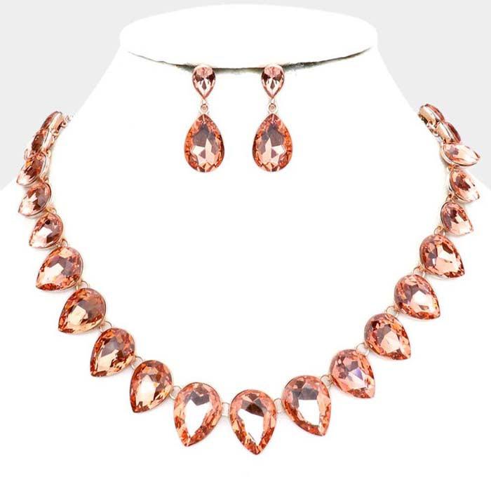 Teardrop Peach Crystal Gold Evening Necklace Set