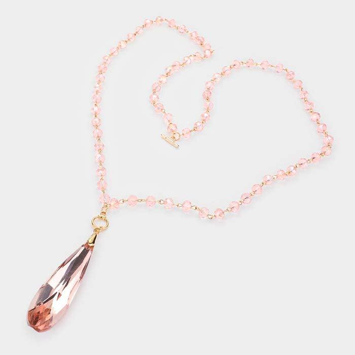 Teardrop Peach Stone Pendant Faceted Beaded Toggle Necklace Set