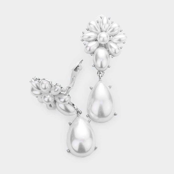 Teardrop Pearl Oval Floral Evening Clip On Earrings
