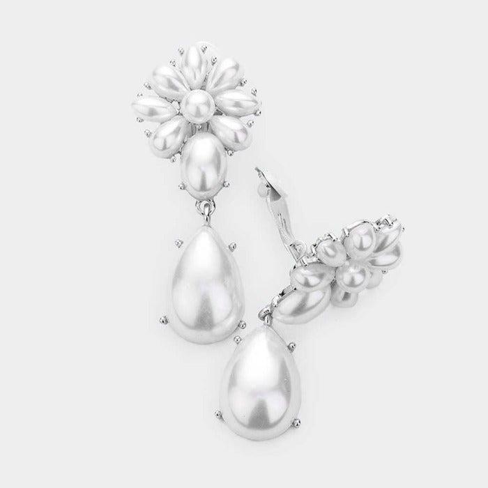 Teardrop Pearl Oval Floral Evening Clip On Earrings