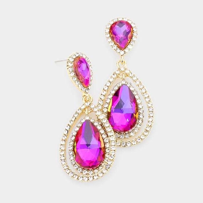Teardrop Purple Crystal Dangle Gold Evening Earrings