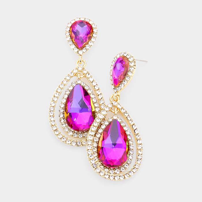 Teardrop Purple Crystal Dangle Gold Evening Earrings