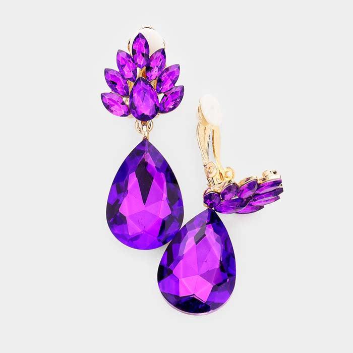 Teardrop Purple Crystal Evening Clip On Earrings