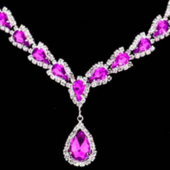 Teardrop Purple Stone Accented Rhinestone Silver Necklace Set