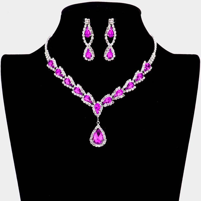 Teardrop Purple Stone Accented Rhinestone Silver Necklace Set