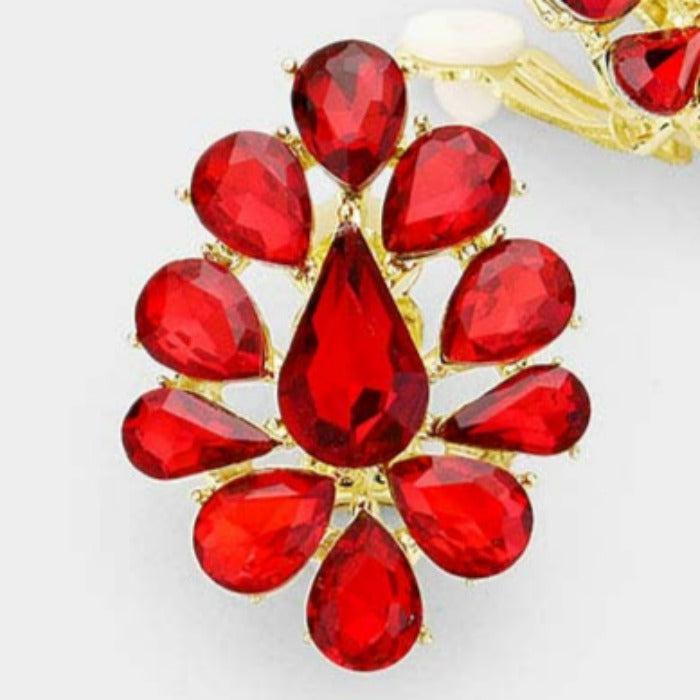 Teardrop Red Crystal Cluster Clip On Earrings