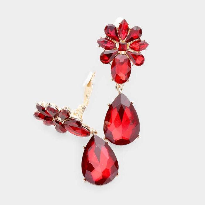 Teardrop Red Crystal Oval Floral Evening Clip On Earrings