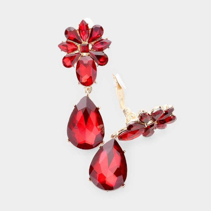 Teardrop Red Crystal Oval Floral Evening Clip On Earrings
