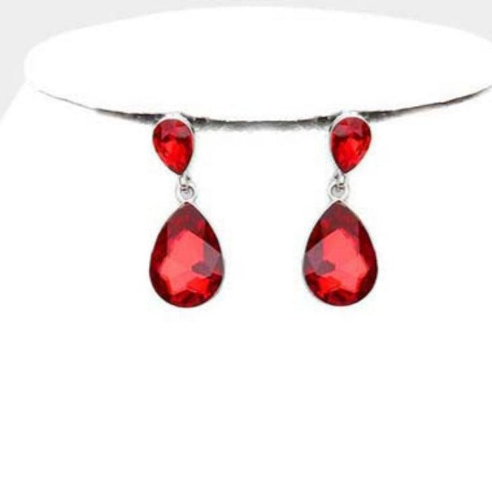 Teardrop Red Crystal Silver Evening Necklace Set