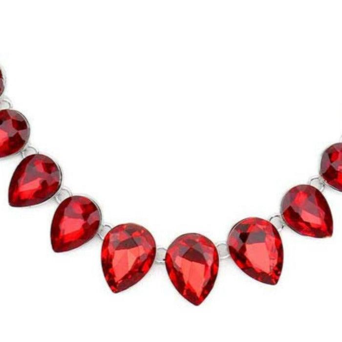 Teardrop Red Crystal Silver Evening Necklace Set
