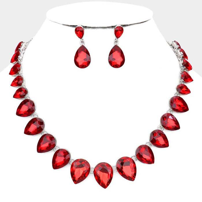 Teardrop Red Crystal Silver Evening Necklace Set