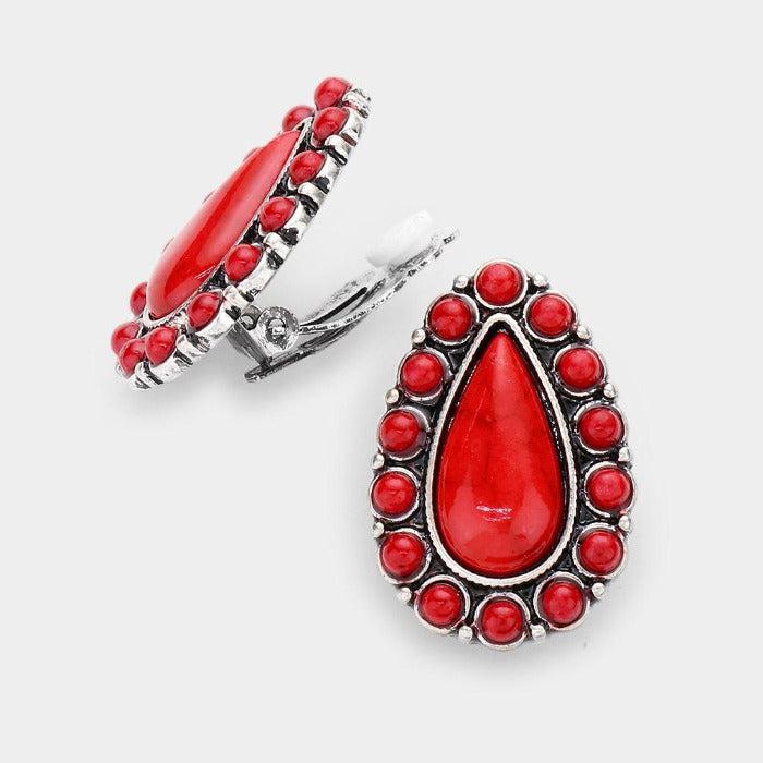 Teardrop Red Natural Stone Clip on Earrings by tipi