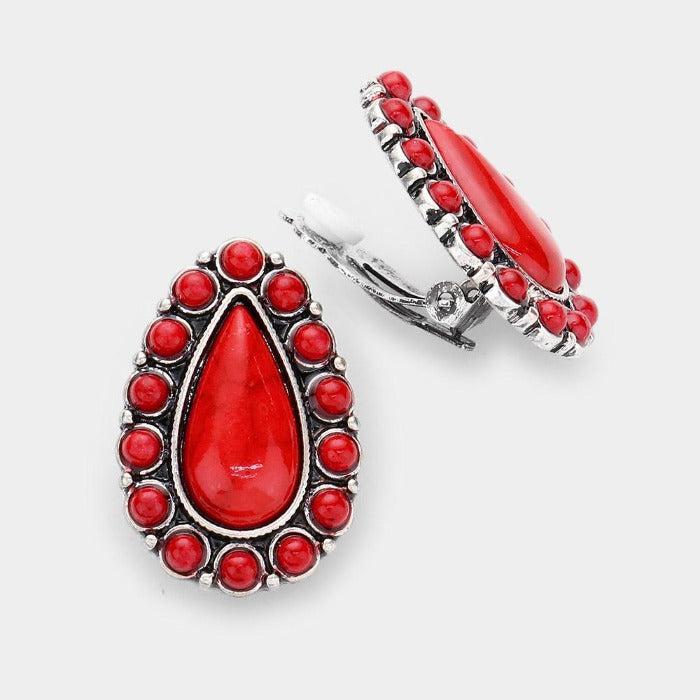 Teardrop Red Natural Stone Clip on Earrings by tipi