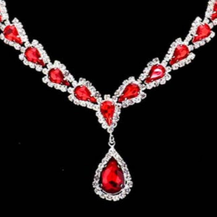 Teardrop Red Stone Accented Rhinestone Silver Necklace Set