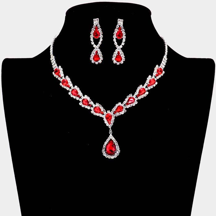 Teardrop Red Stone Accented Rhinestone Silver Necklace Set