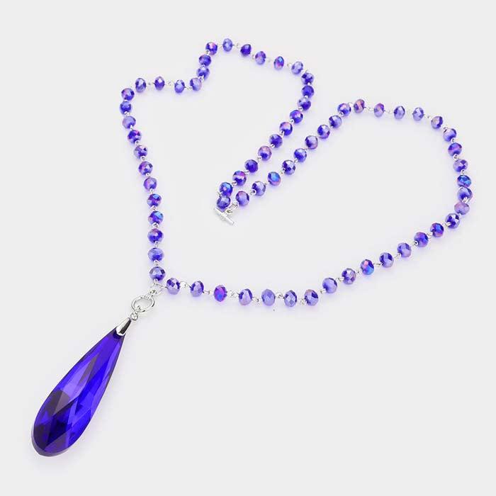 Teardrop Royal Blue Stone Pendant Faceted Beaded Toggle Necklace Set