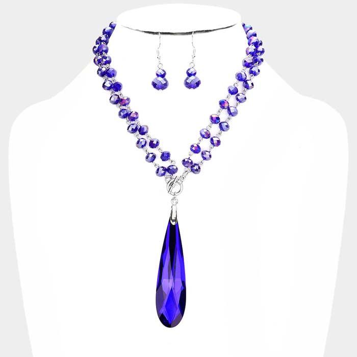 Teardrop Royal Blue Stone Pendant Faceted Beaded Toggle Necklace Set