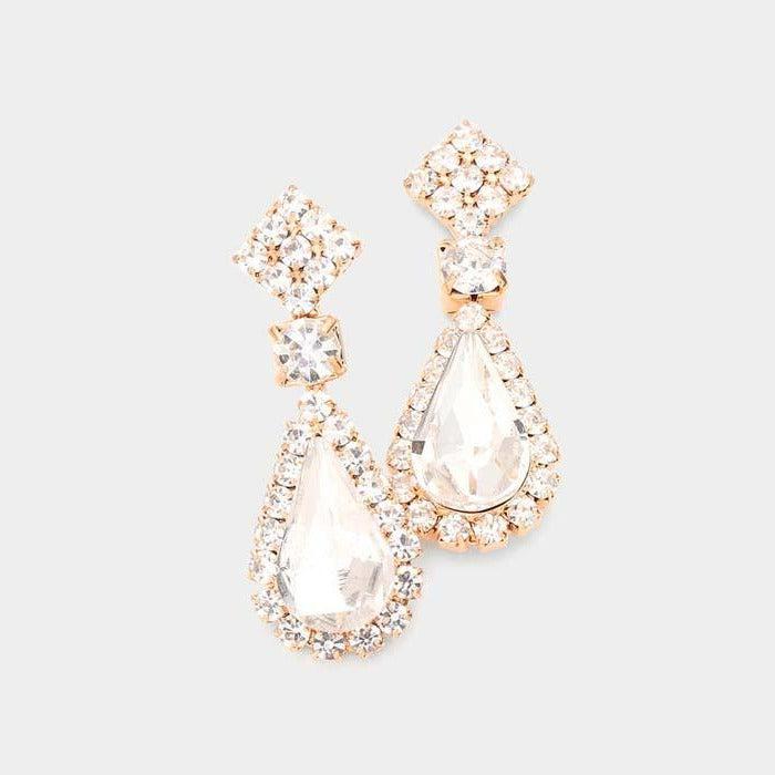 Teardrop Stone Accented Dangle Evening Rose Gold Earrings