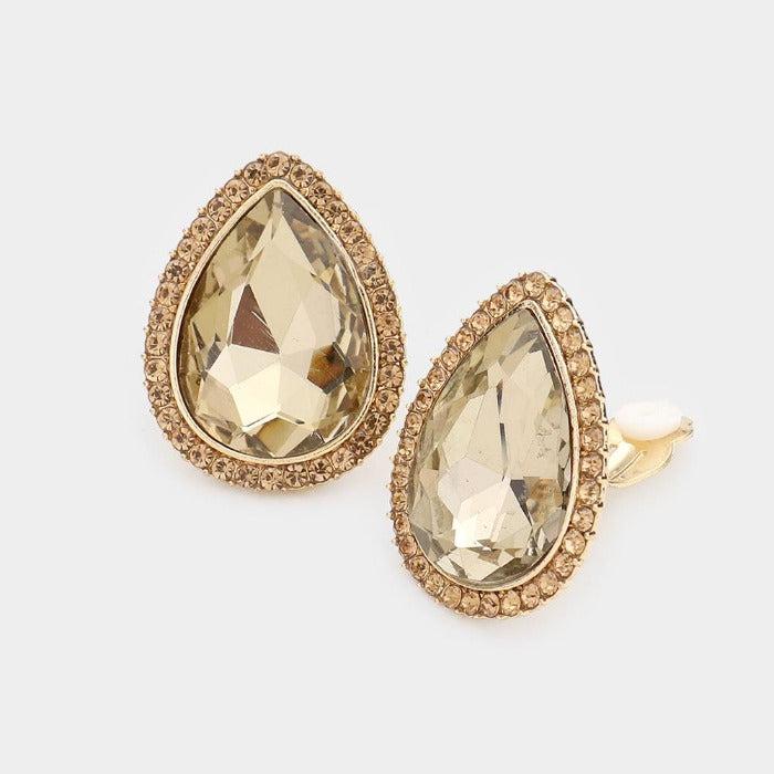 Teardrop Topaz Crystal Rhinestone Clip On Earrings
